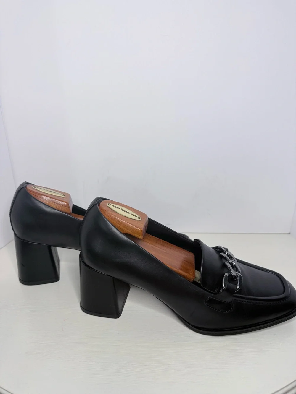 Nordstrom Black Leather Chain-Trim Block Heel Loafers Size 9.5